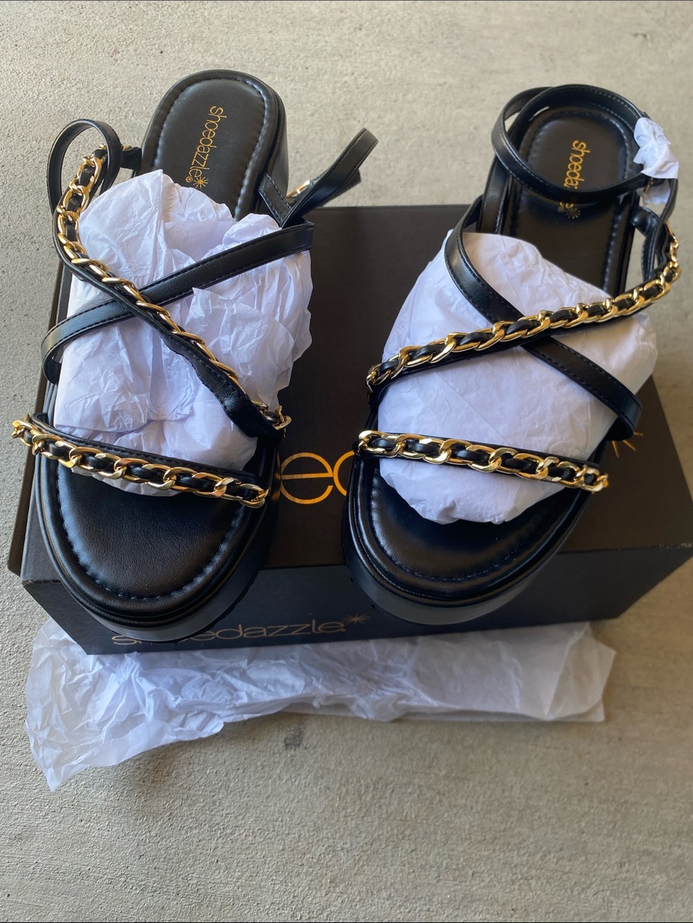 Shoe Dazzle Black Sandals with Gold Chain Straps